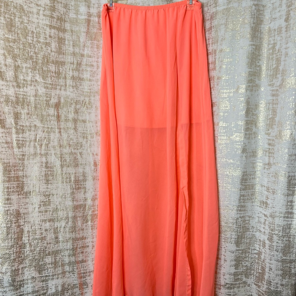 Neon Coral Mini Skirt with Maxi Skirt Sheer Overlay & Front Slit 🦩